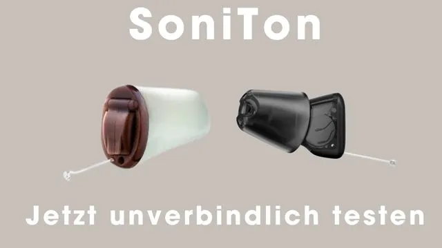 SoniTon Im-Ohr-Hörgeräte auf hellem Hintergrund mit dem Text „Jetzt unverbindlich testen“